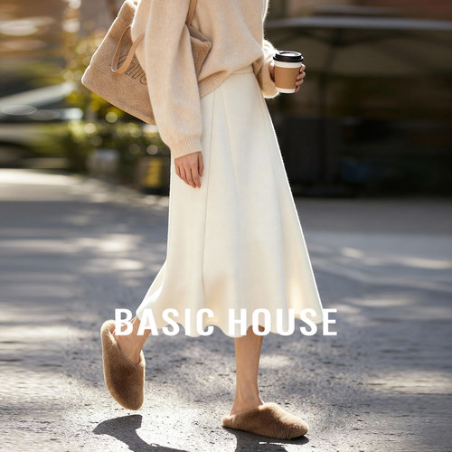 Basic House/百家好羊毛白色半身裙女秋冬加厚a字伞裙中长款裙子