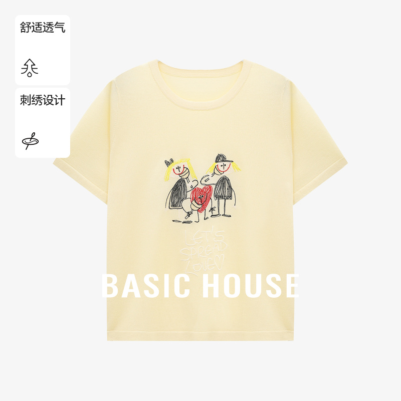 Basic House/百家好卡通线条刺绣设计夏季新款宽松显瘦短袖针织衫