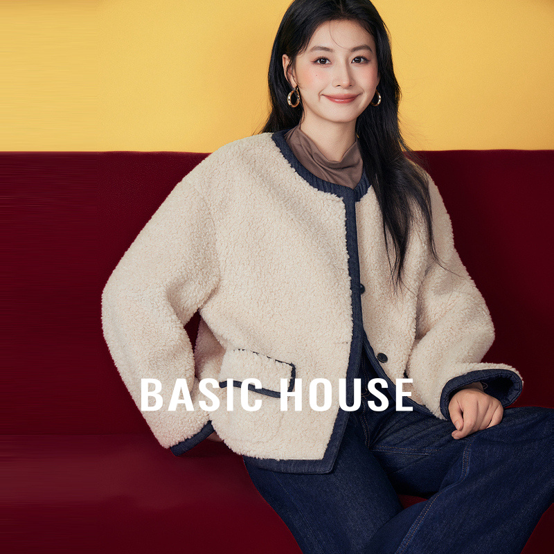 Basic House/百家好撞色拼接摇粒绒外套冬季圆领短款仿羊羔毛上衣