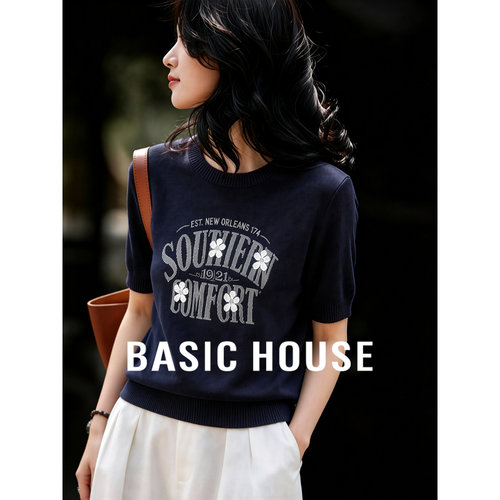 Basic House/百家好韩系字母刺绣短袖针织衫女夏季绵羊毛圆领内搭
