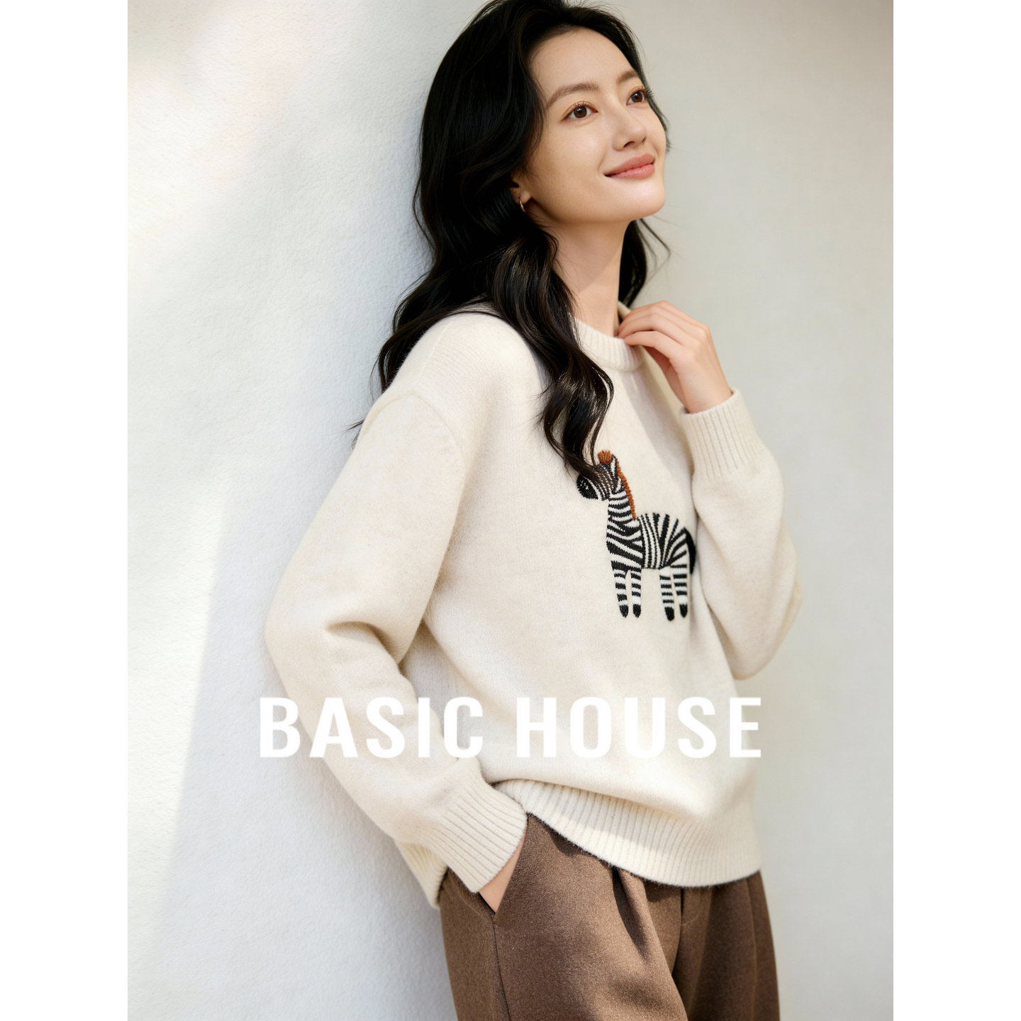 百家好绵羊毛圆领毛衣女士秋冬季新款含兔毛宽松内搭可外穿针织衫