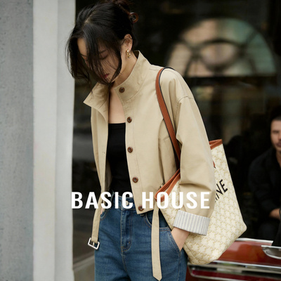 Basic House/百家好卡其色短款风衣立领高级感通勤短外套上衣春季