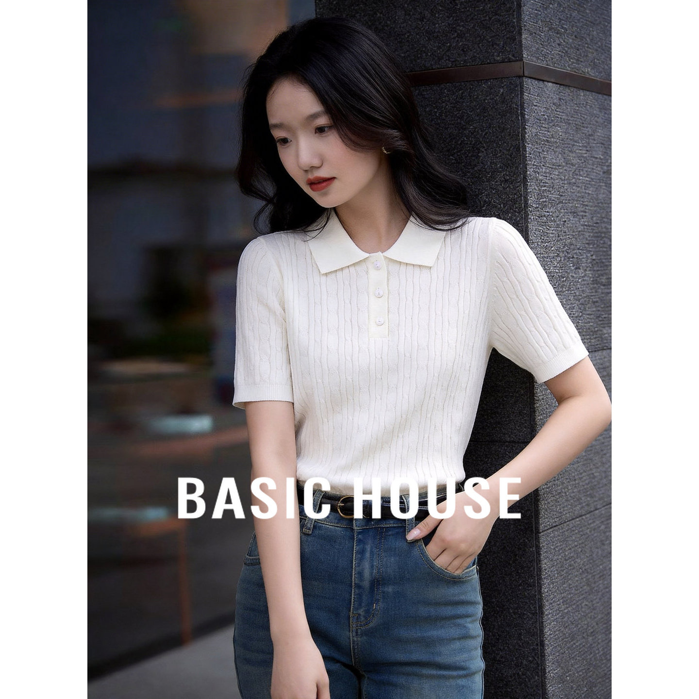Basic House/百家好白色polo领短袖针织衫女2026春季羊毛衫上衣