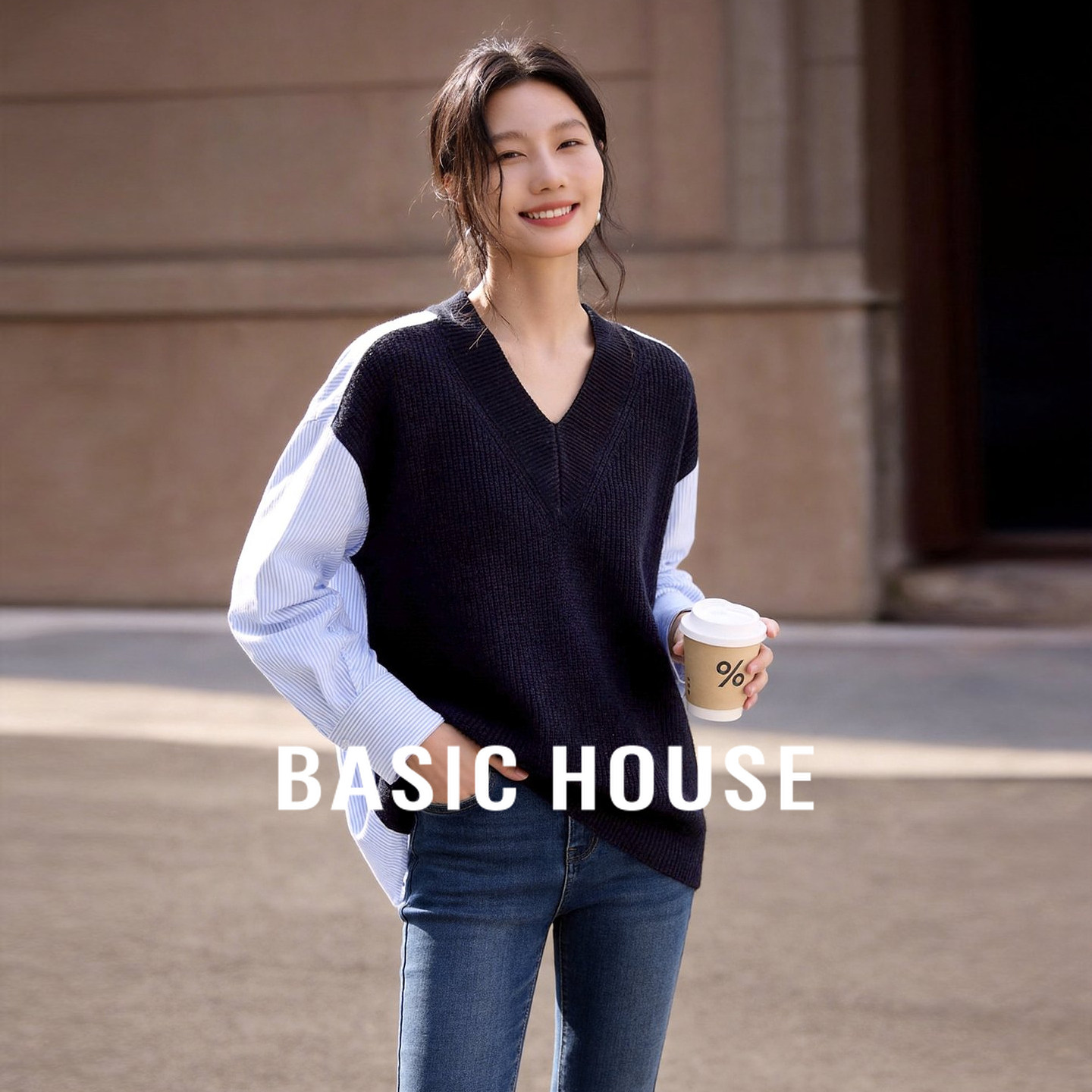 Basic House/百家好假两件针织拼接衬衫女春装条纹袖宽松显瘦上衣