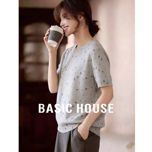 Basic House/百家好韩系小碎花圆领针织衫女夏季宽松显瘦百搭上衣