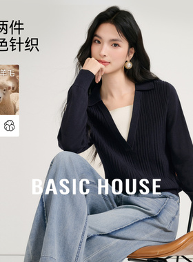 Basic House/百家好撞色V领针织衫女春季新款内搭长袖假两件上衣