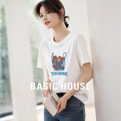 Basic House/百家好复古印花短袖T恤女夏季新款刺绣宽松休闲上衣