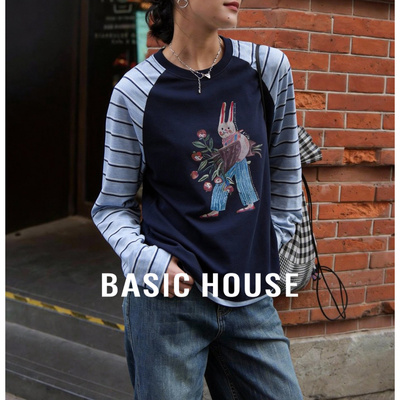 百家好插肩袖T恤衫春季新款女士卡通减龄条纹拼接慵懒风套头上衣