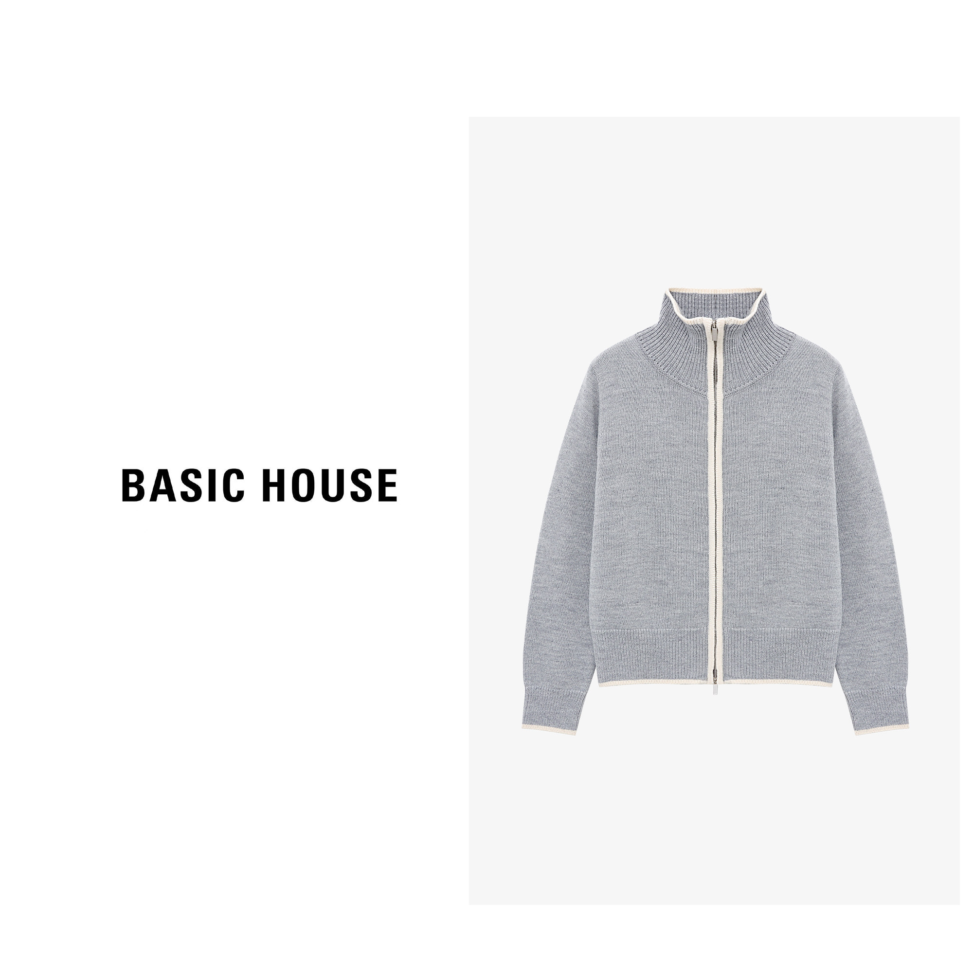 Basic House/百家好灰色双拉链高领毛衣女2026新款慵懒风针织开衫,女装/女士精品,毛衣,淘宝优惠券,粉丝福利购,淘宝优惠卷