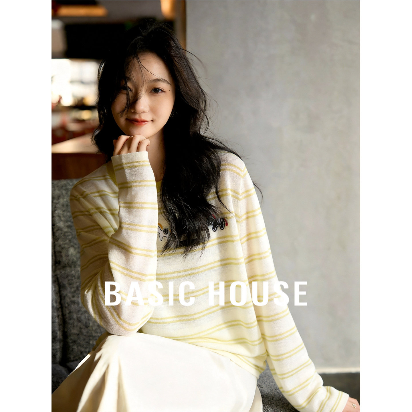 Basic House/百家好条纹小马刺绣针织衫女夏薄款长袖气质防晒上衣