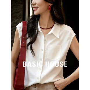 翻领衬衫 百家好白色无袖 女2026收腰显瘦通勤百搭上衣 House Basic