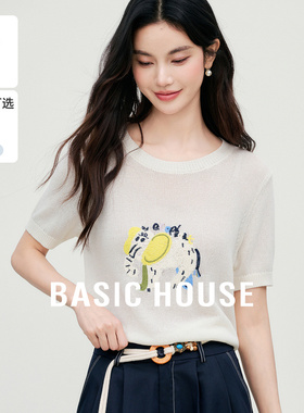 Basic House/百家好短袖女针织衫夏季新款薄款V领显瘦打底上衣