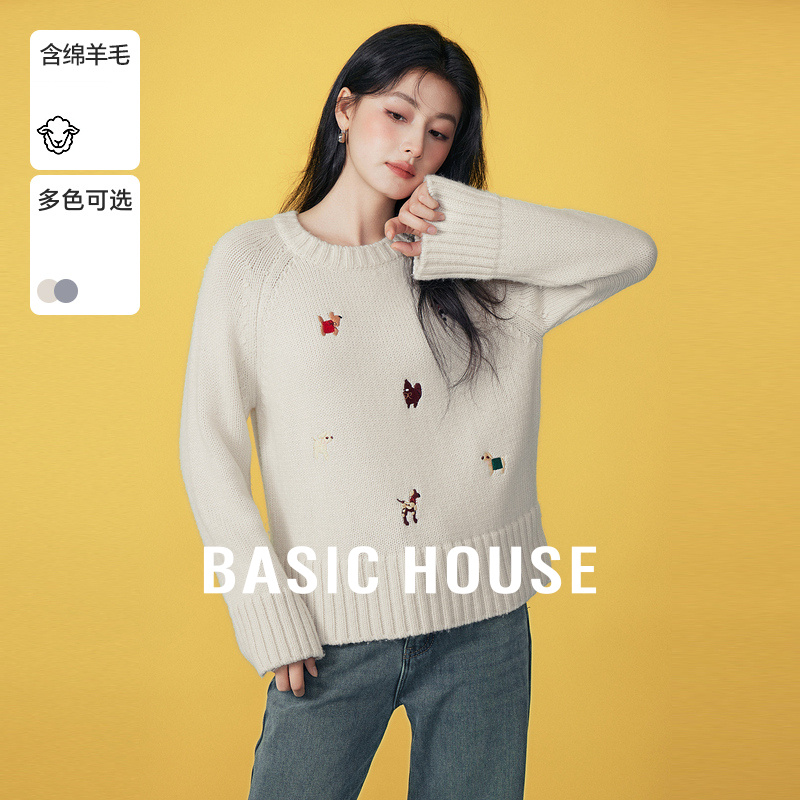 Basic House/百家好小狗刺绣圆领毛衣女秋冬绵羊毛插肩针织上衣