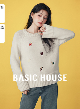 Basic House/百家好小狗刺绣圆领毛衣女秋冬绵羊毛插肩针织上衣