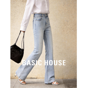 春季 百家好满天星泼墨微喇牛仔裤 新款 修身 Basic 显瘦喇叭裤 House
