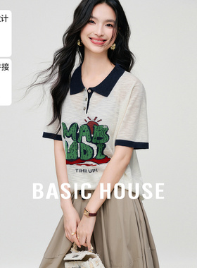 Basic House/百家好短袖针织衫女夏季新款撞色polo领薄款上衣