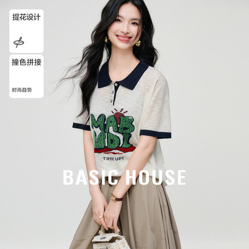 Basic House/百家好短袖针织衫女夏季新款撞色polo领薄款上衣