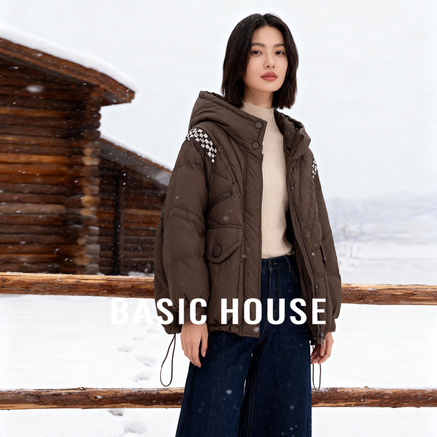 Basic House/百家好小个子拼接短款羽绒服秋冬新款宽松连帽外套女