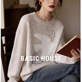 百家好浅米色飞鸟刺绣毛衣女软糯质感宽松针织衫 Basic House 上衣