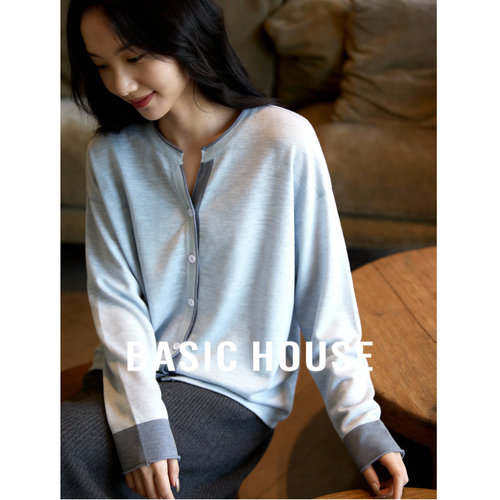 Basic House/百家好蓝色针织开衫女春季新款小个子宽松外套上衣