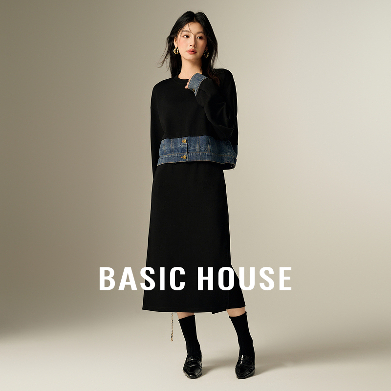 Basic House/百家好25秋高级感套装假两件拼接卫衣半身长裙两件套
