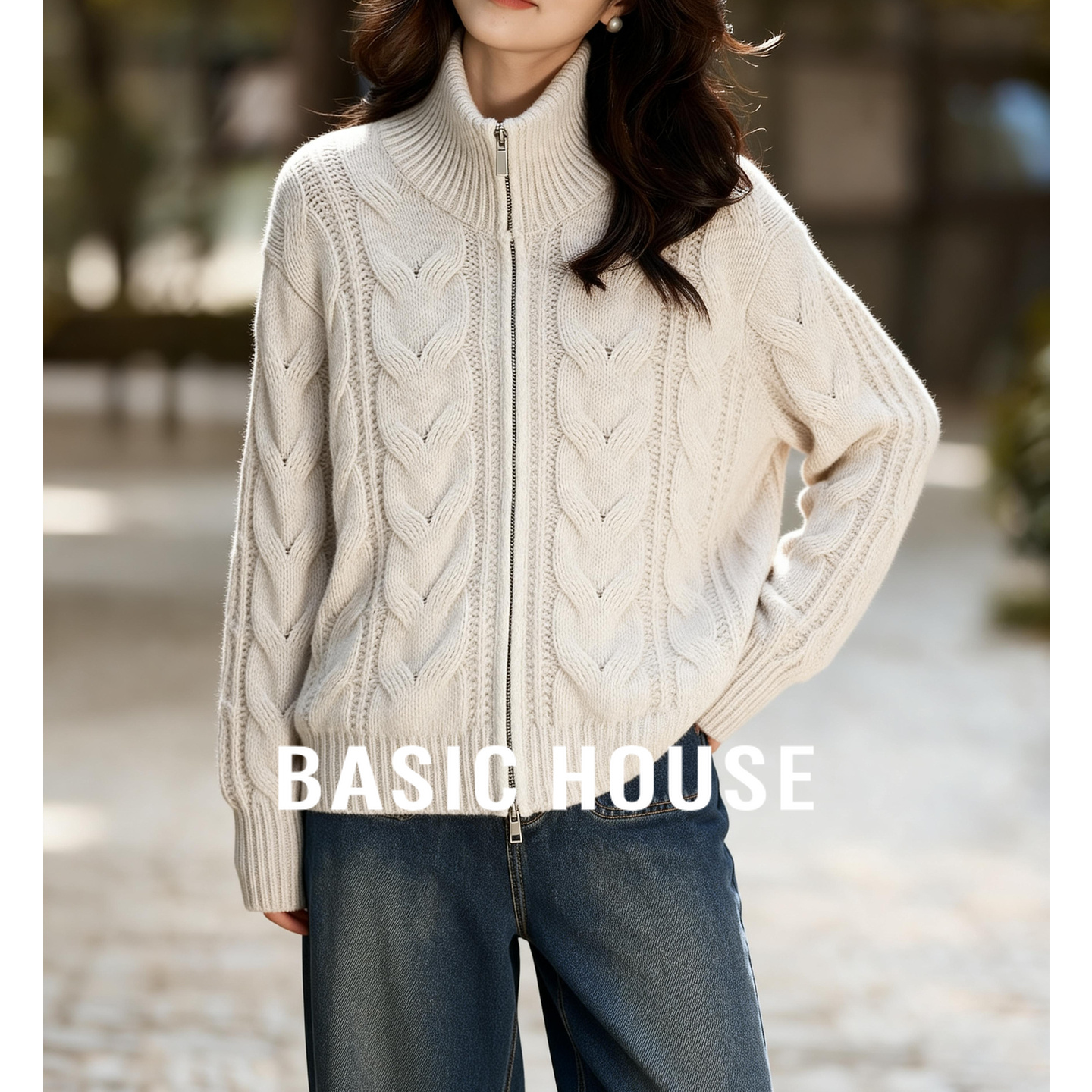 Basic House/百家好高领绞花女冬上衣复古风金属拉链显瘦休闲毛衣