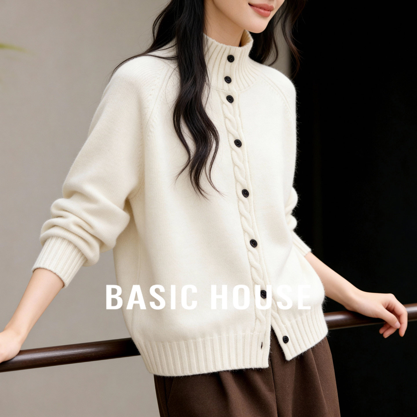 Basic House/百家好半高领单排扣开衫毛衣女冬新款简约风长袖上衣,女装/女士精品,毛衣,淘宝优惠券,粉丝福利购,淘宝优惠卷