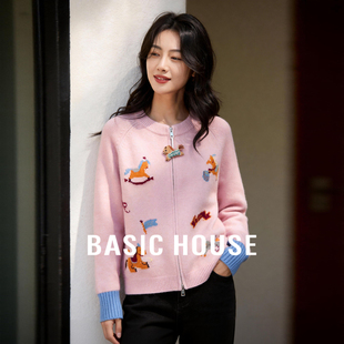 Basic House/百家好小马刺绣针织开衫女2026新款撞色拉链毛衣外套