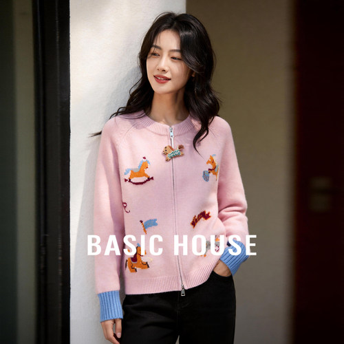 Basic House/百家好小马刺绣针织开衫女2026新款撞色拉链毛衣外套