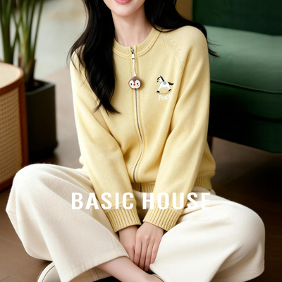 Basic House/百家好小马刺绣圆领开衫毛衣女冬季休闲提花开衫上衣