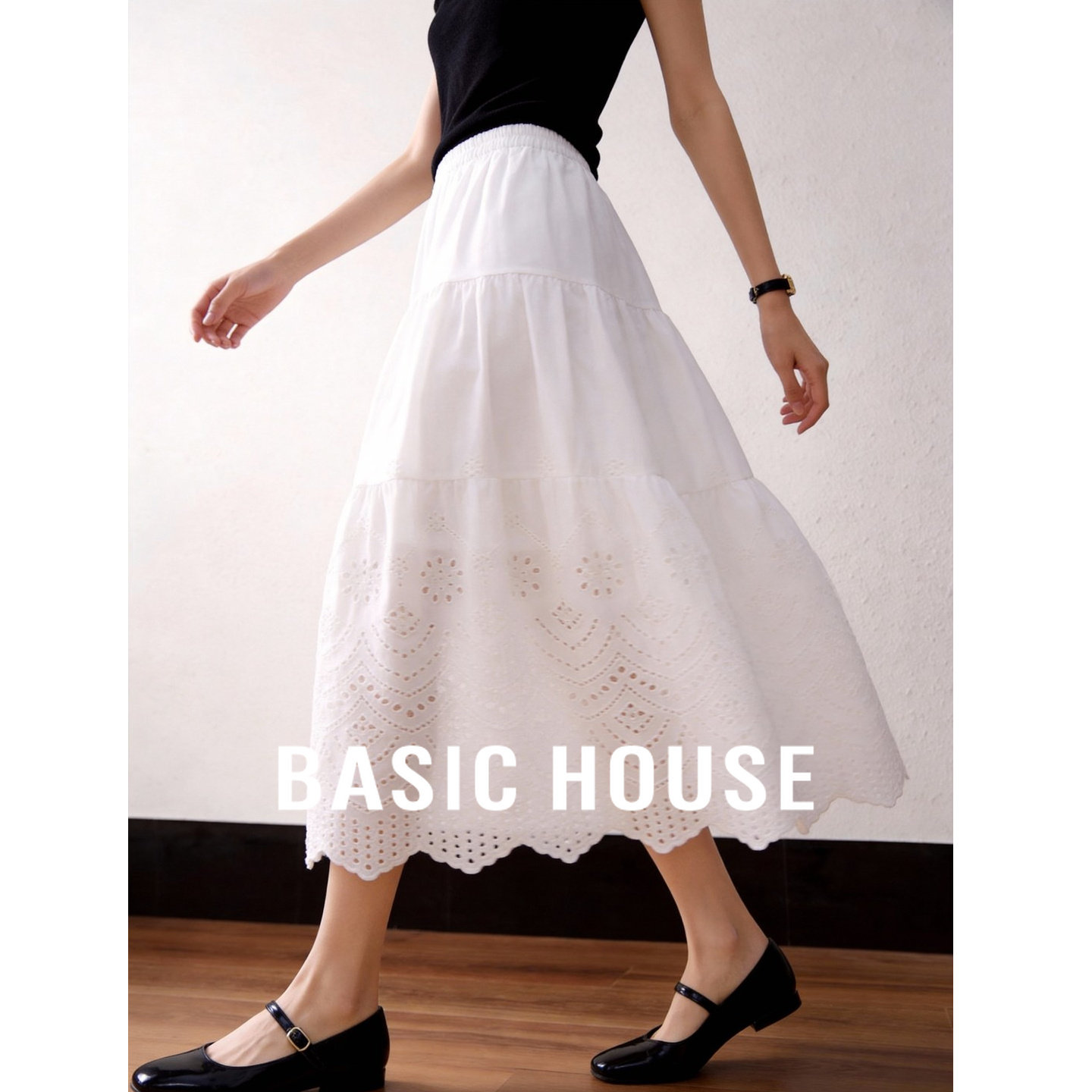 Basic House/百家好白色镂空半身裙女春新款高腰A字裙中长款伞裙