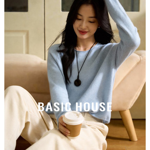 女春季 Basic 针织衫 百家好蓝色圆领长袖 气质显瘦高级感上衣 House