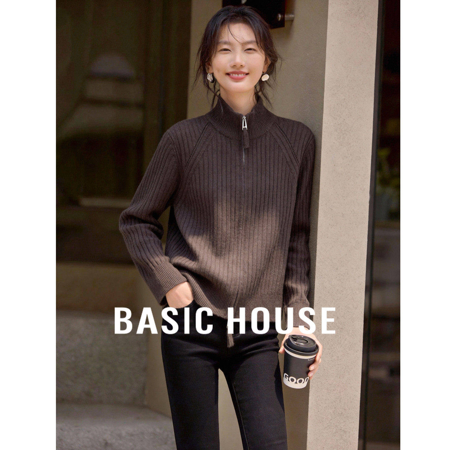 Basic House/百家好半高领咖色羊毛衫女新款拉链内搭针织毛衣外套