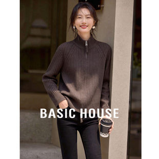 Basic House/百家好半高领咖色羊毛衫女新款拉链内搭针织毛衣外套