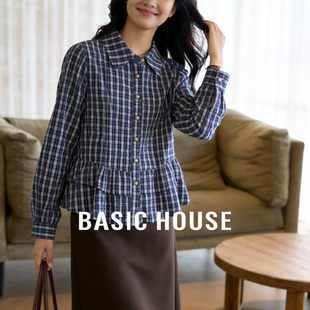 百家好复古蓝白格纹翻领衬衫女春2026新款荷叶边下摆减龄短款上衣