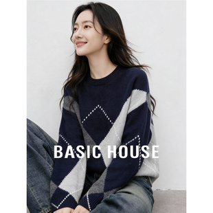 百家好复古菱格绵羊毛针织衫冬季新款女士灰色高智风显瘦冬装毛衣