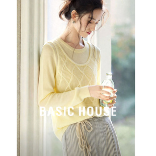 女夏温柔风宽松显瘦长袖 百家好假两件黄色针织衫 上衣 House Basic
