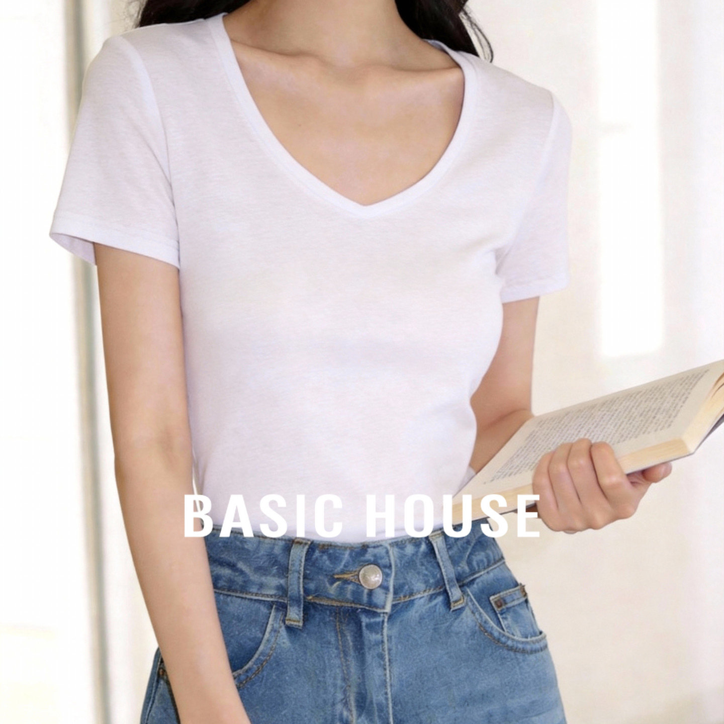 Basic House/百家好白色V领基础短袖T恤女春亚麻极简纯白打底上衣
