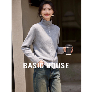 Basic House/百家好灰色半高领针织开衫女新款温柔气质单排扣毛衣