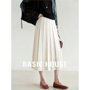 百家好米白垂感松紧腰百褶裙显瘦遮胯26春季 通勤风百搭气质半身裙