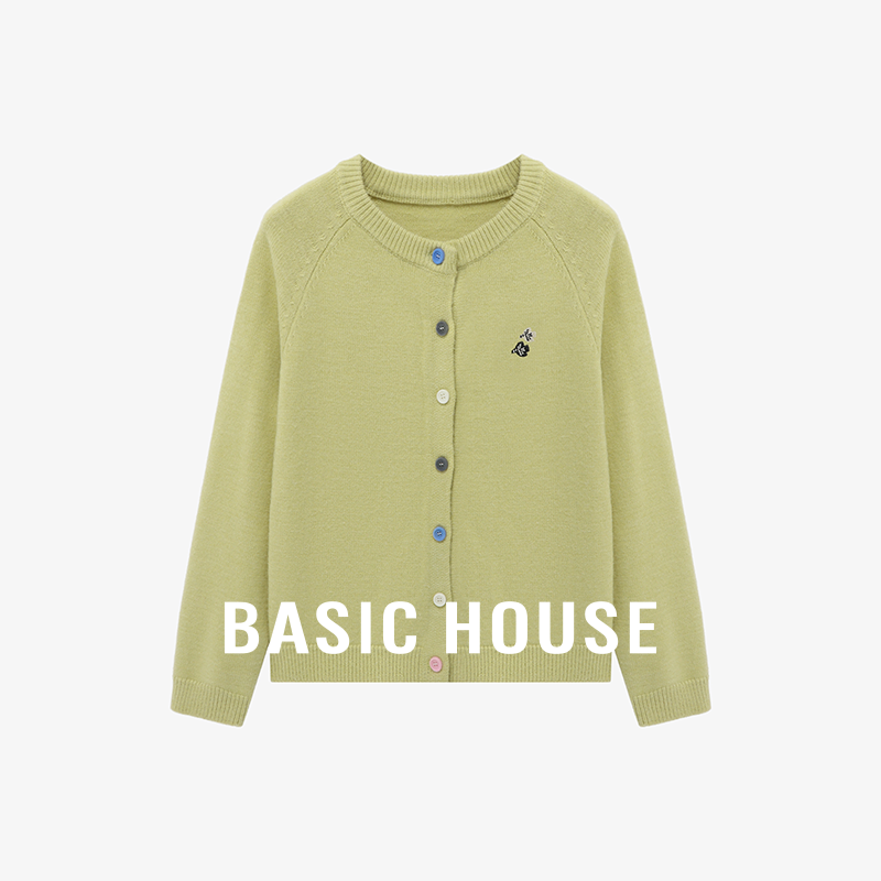 Basic House/百家好卡通刺绣圆领毛衣女款秋冬休闲插肩袖开衫外套