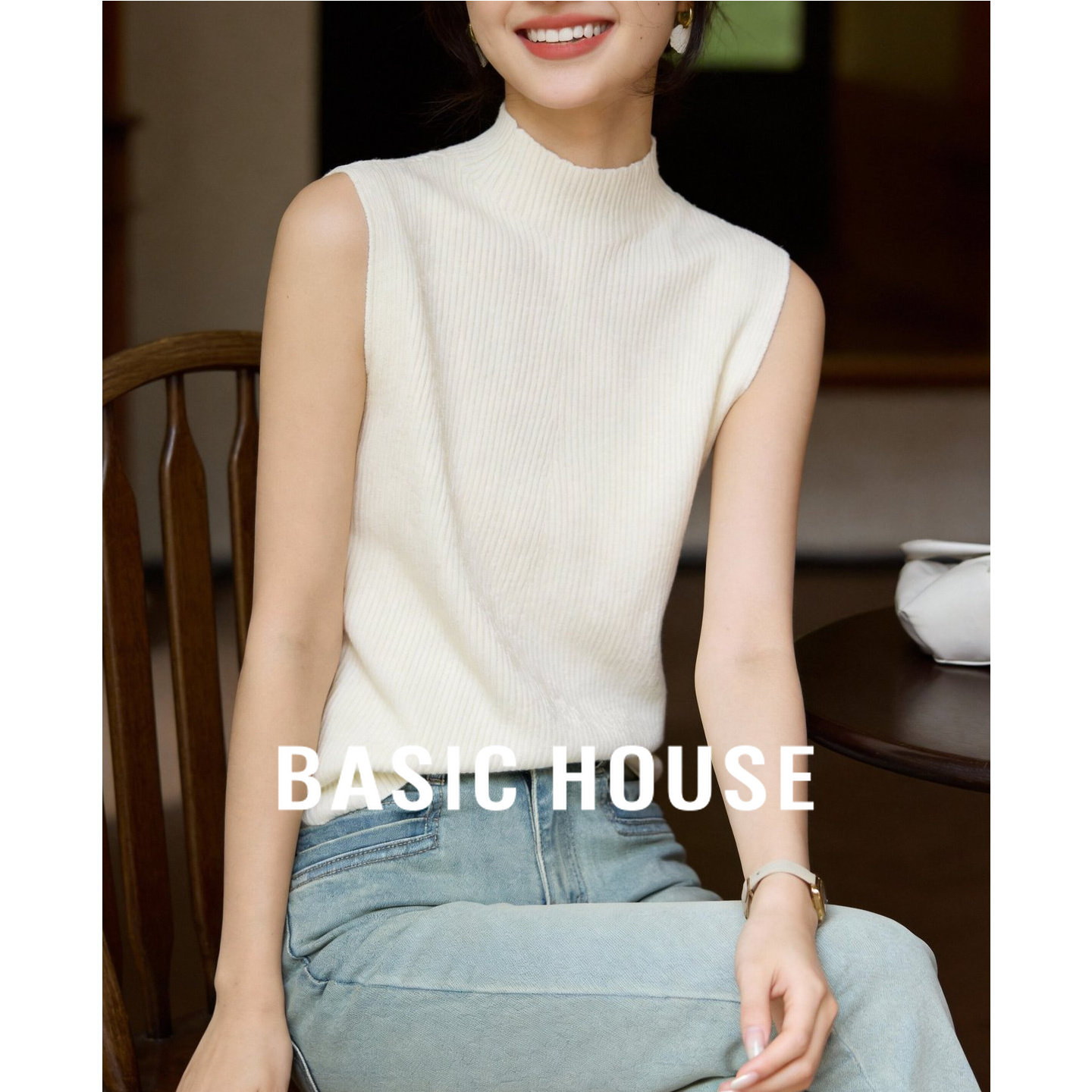 Basic House/百家好白色无袖羊毛针织背心半高领修身打底衫叠穿春