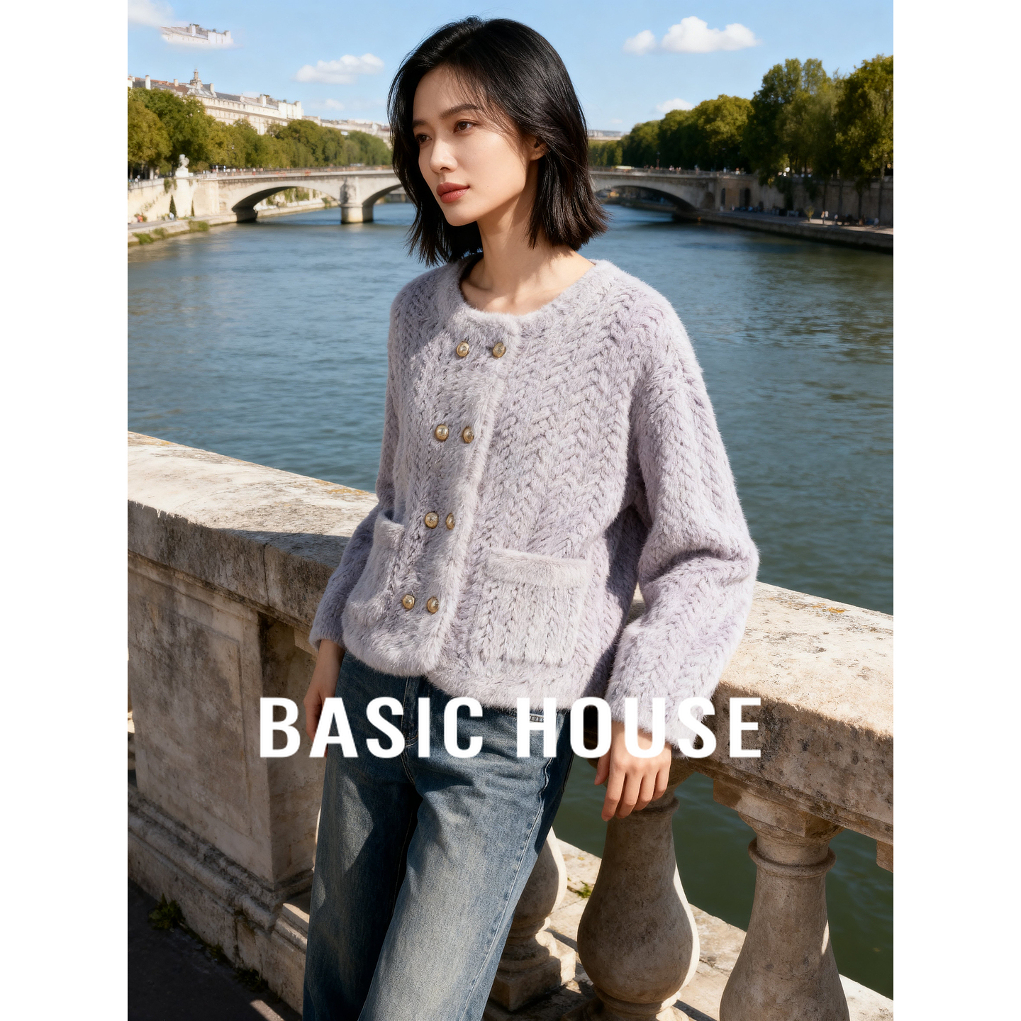 Basic House/百家好毛绒双排扣开衫短外套25冬季优雅气质毛毛上衣