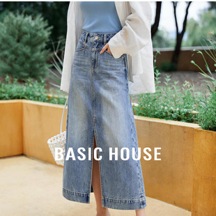 开叉显瘦中长裙 百家好韩系复古风牛仔半身裙女夏季 Basic House