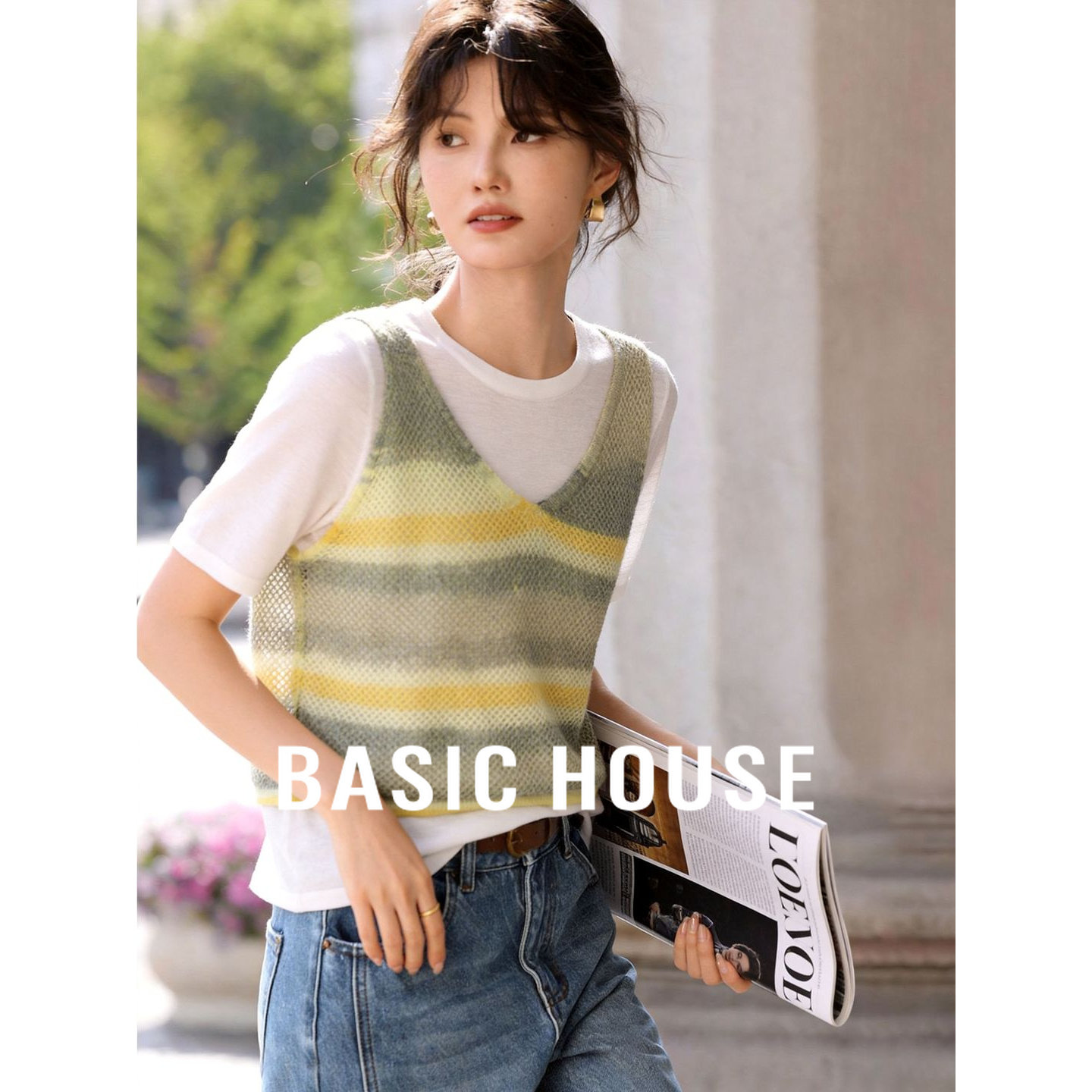 Basic House/百家好夏季新款小个子韩系撞色假两件短袖针织衫女士