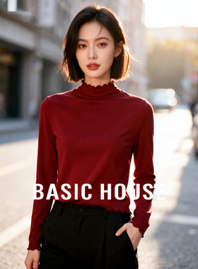 Basic House/百家好简约百搭荷叶边设计秋冬新款修身显瘦高领T恤