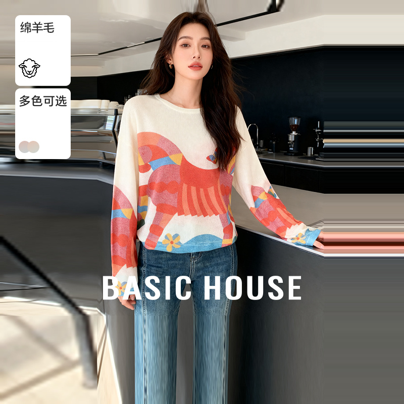 Basic House/百家好多彩休闲针织衫2025秋季宽松显瘦长袖套头上衣