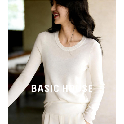 Basic House/百家好白色修身打底衫新款山羊绒针织衫基础内搭上衣