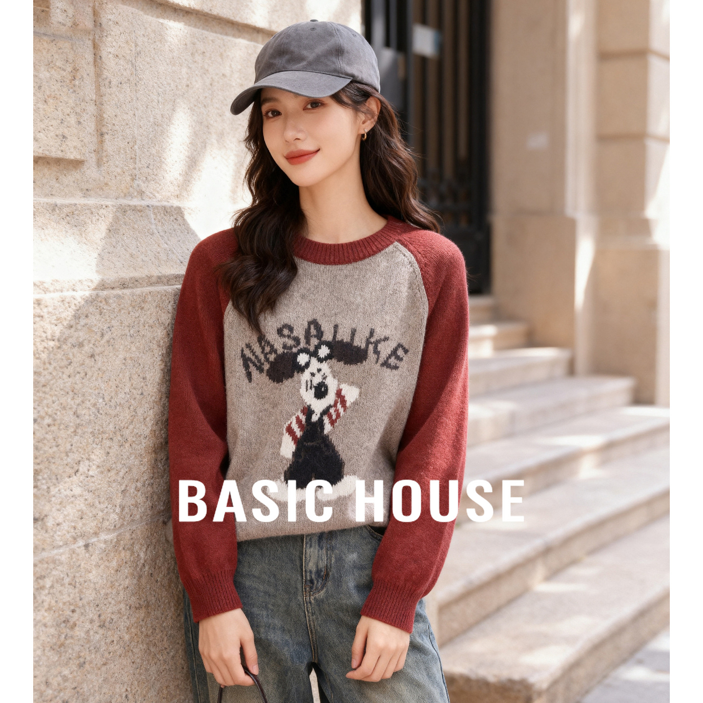 Basic House/百家好撞色卡通提花毛衣洋气绵羊毛圆领插肩袖上衣女