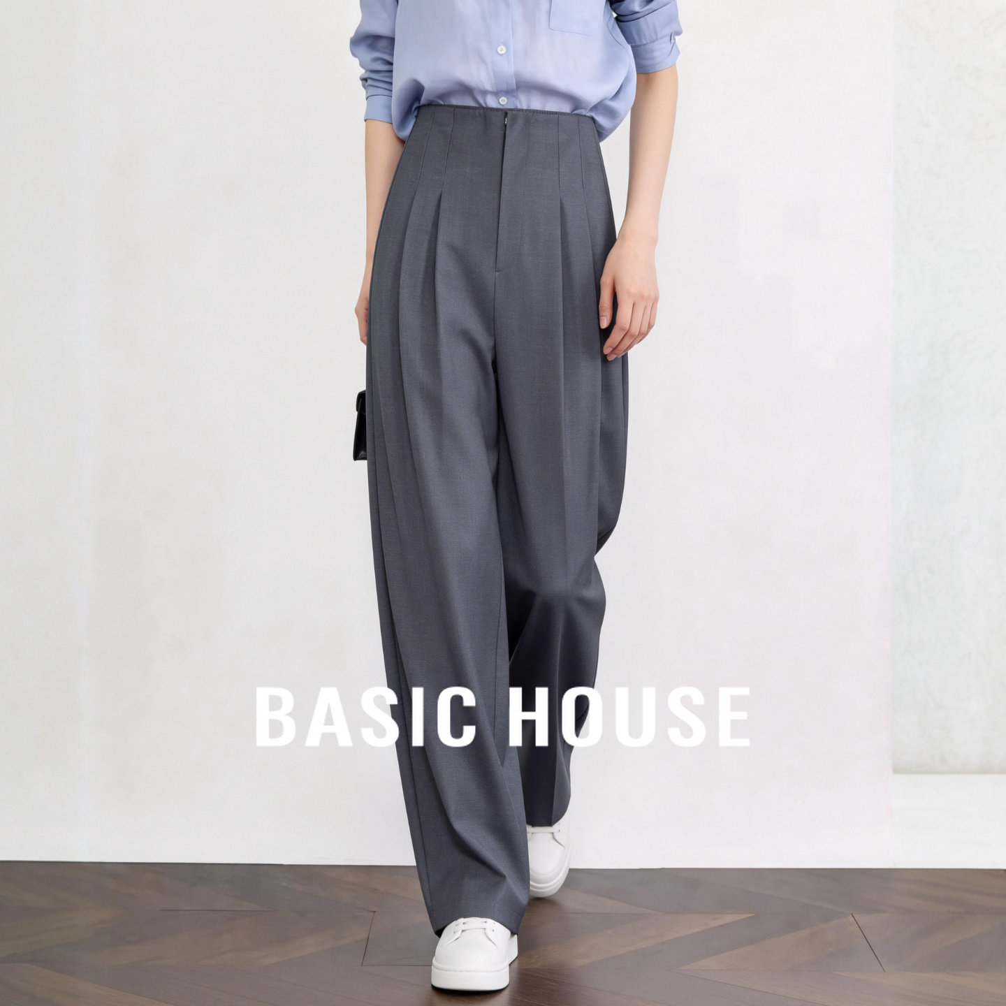 Basic House/百家好极简风灰色阔腿裤女夏高腰垂感显瘦通勤西装裤